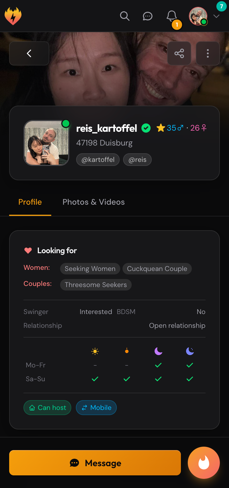 SparkChambers app showing profile discovery interface