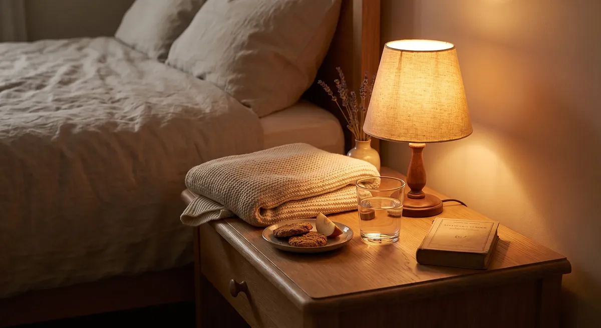 A calm, cozy aftercare setup with a blanket, water, and soft lighting