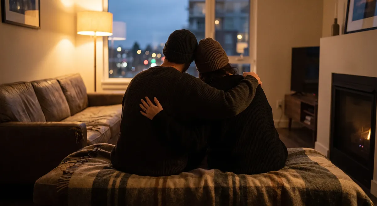 Two partners checking in gently after play, wrapped in a blanket