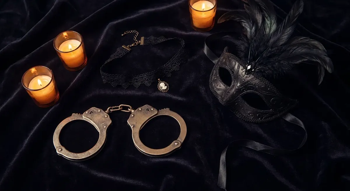 Eine Maske, ein Spitzenhalsband und Handschellen auf dunklem Samt