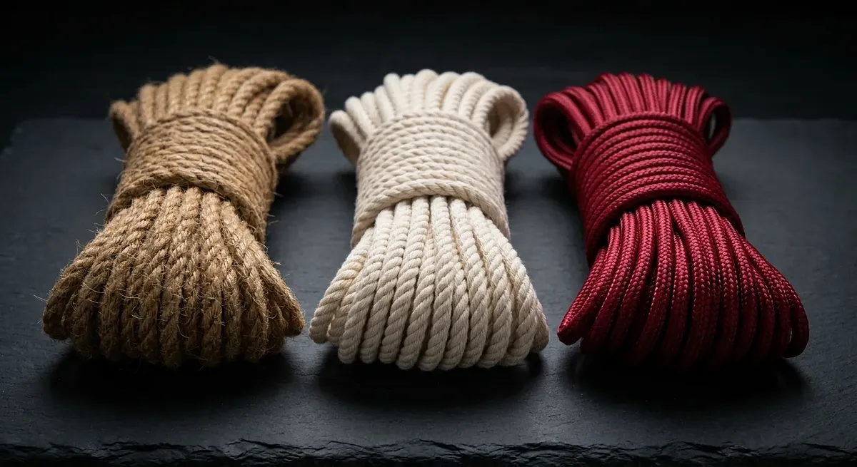 Jute, cotton and nylon shibari rope coils compared side by side