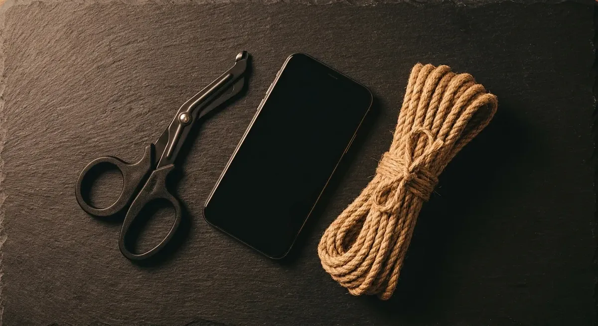 Safety shears and a phone kept within arm's reach beside neatly coiled rope