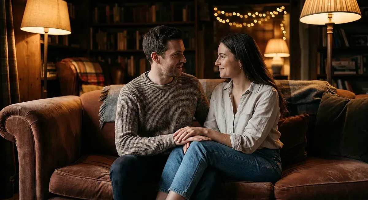 A couple talking on a sofa, negotiating boundaries and a safeword before play