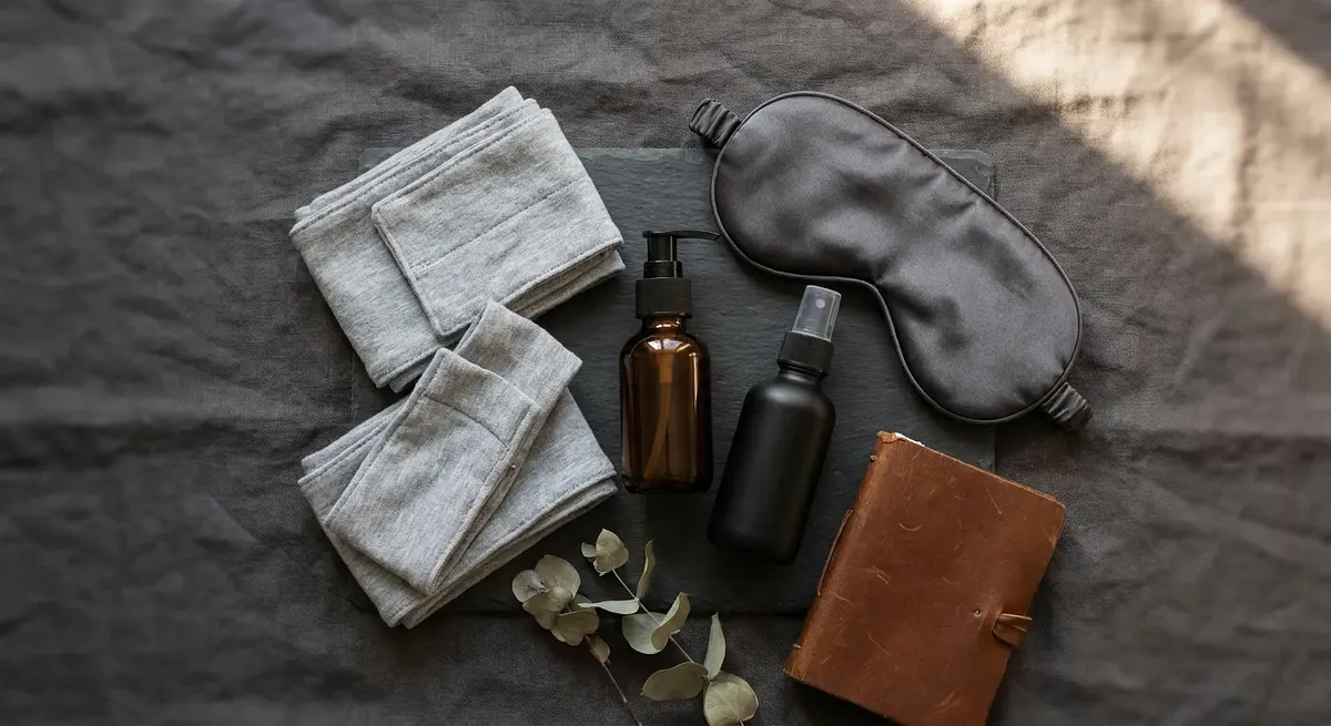 Flat-lay of a beginner couples' kink starter kit: soft restraints, blindfold, water-based lube and a toy cleaner