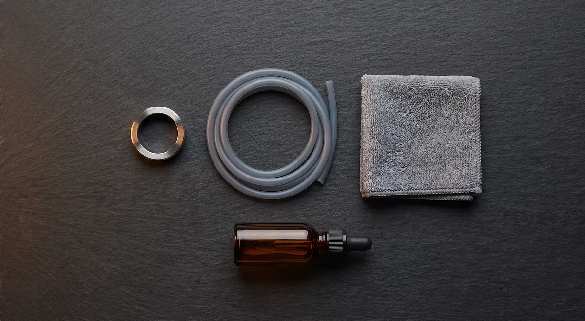 A flat-lay of body-safe materials: polished stainless steel, medical-grade silicone, and a cleaning cloth on dark slate