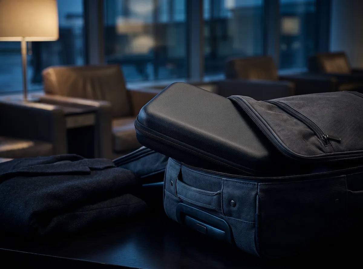 A discreet hardshell travel case packed neatly inside a carry-on bag